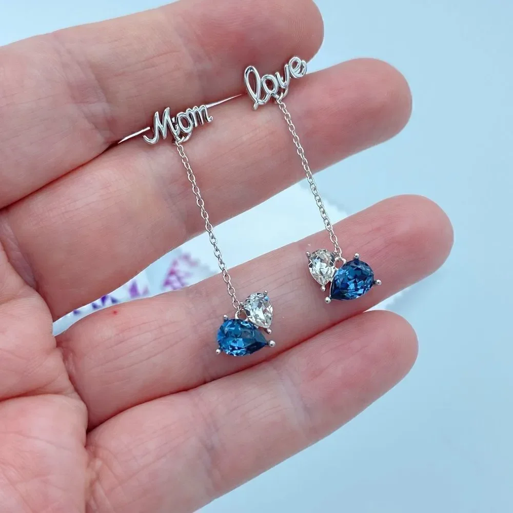 I Love You Mom Sterling Silver Simulated Sapphire Drop Earrings